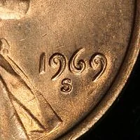 1969-S doubled-die obverse Lincoln cent (date close-up)